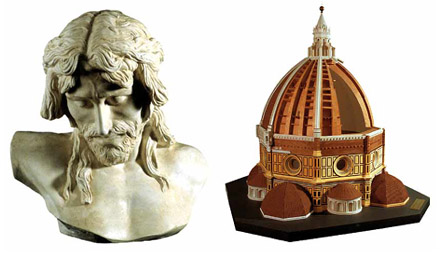 Copia in gesso della Testa di Cristo di Donatello e modello in legno e resine della Cupola di Santa Maria del Fiore a Firenze (collezione del Museo Omero).